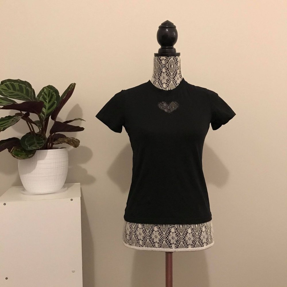 Black Mock Neck Heart Cut-Out T-Shirt